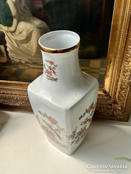Antik vintage nagyméretű gazdagon díszített Hollóházi porcelán paradicsommadaras virágos váza