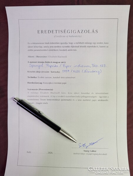 1754-es kézzel színezett rézmetszet (Spanyol Paprika) + Eredeti kódexlapok és Eredetiségigazolás