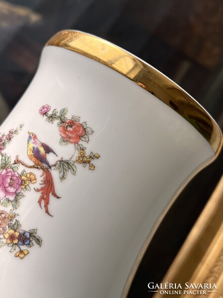 Antik vintage nagyméretű gazdagon díszített Hollóházi porcelán paradicsommadaras virágos váza