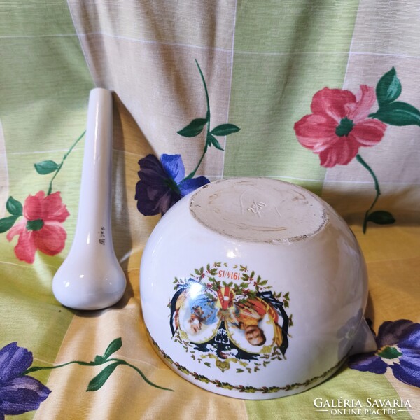 Nagyméretű,  27 cm KŐPORC laboratóriumi porcelán mozsár I. Ferenc József és II. Vilmos portréjával