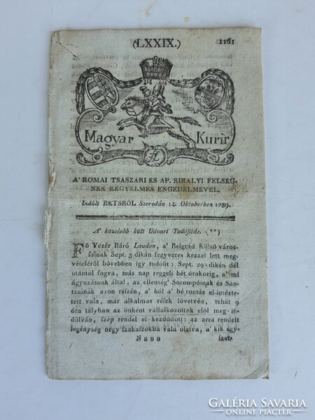 Magyar Kurír. 1789 október 14. LXXIX. szám. Szerk. Esztelneki Szatsvay Sándor ritka!