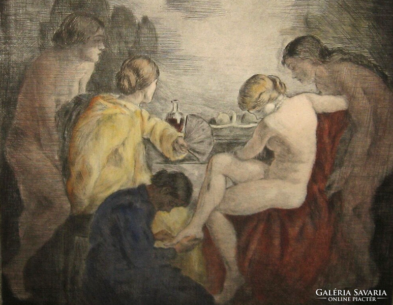 GYÖNYÖRŰ IVÁNYI GRÜNWALD BÉLA  / 1867-1940 / : FÜRDŐ AKT ,  SZÍNEZETT RÉZKARC