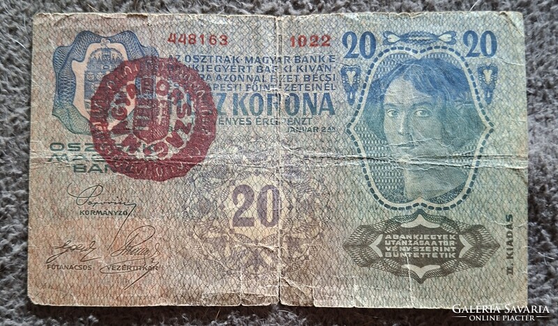 20 Korona,  1913-as, II. kiadás.  Magyarország bélyegzéssel! Képeken látható állapotban!