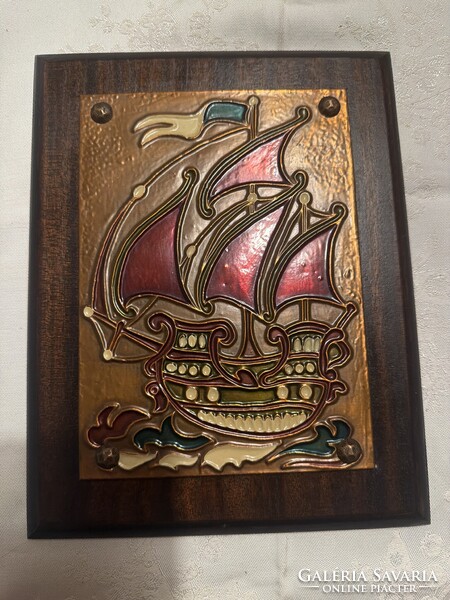 Retro Special Enamel Art Copper Panel on Wood Base