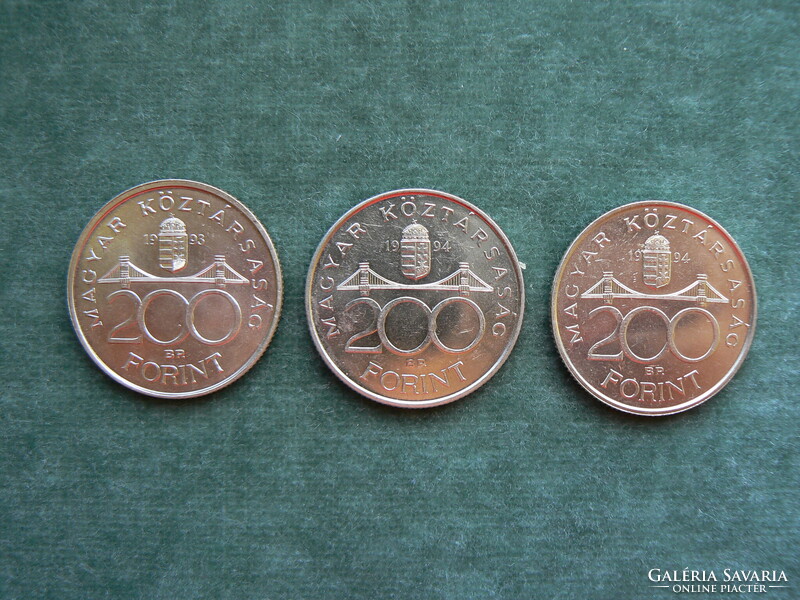 3 DB EZÜST 200 FORINT ÉRME 1993, -94. BU, MAGYAR NEMZETI BANK, (36 g, 0,500) EGYBEN!