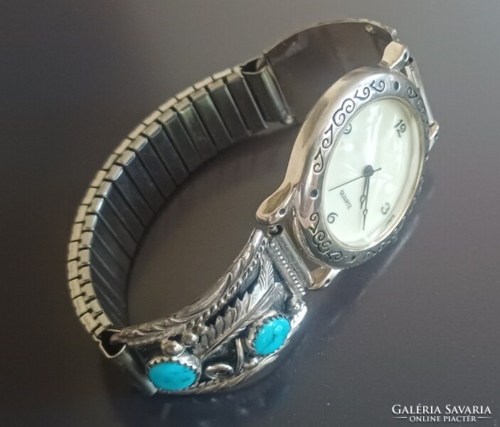 Retro Ezüst Karóra Türkíz Navajo Őslakos Amerikai 925 Sterling Siver Watch