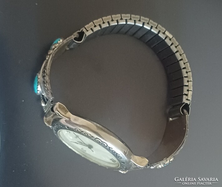 Retro Ezüst Karóra Türkíz Navajo Őslakos Amerikai 925 Sterling Siver Watch