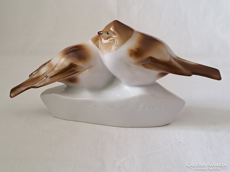 Szép festésű, Zsolnay cinke / cinege páros porcelán figura, Sinkó András terve
