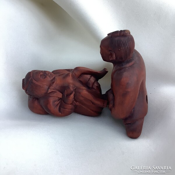 Akt szobor erotikus netsuke necuke japán Gésa Szamuráj shunga faragás fa miniatűr meztelen nő szex