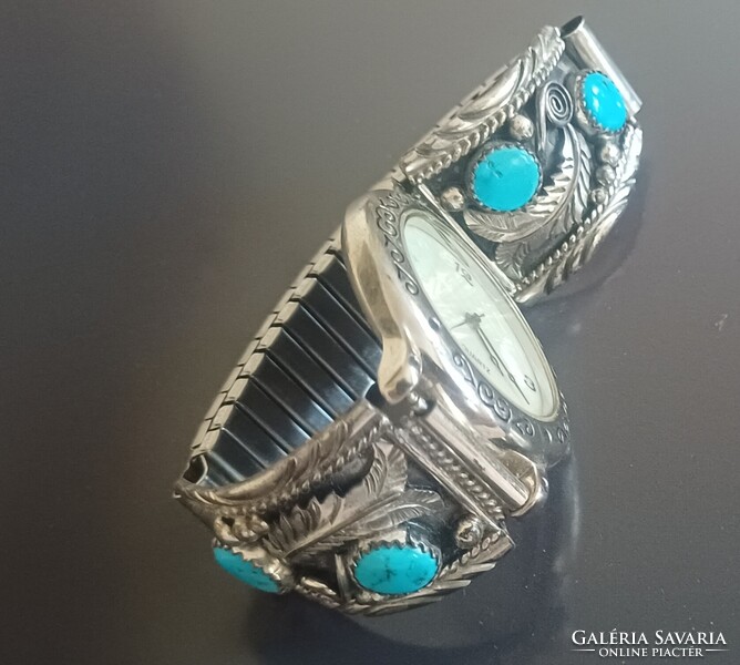 Retro Ezüst Karóra Türkíz Navajo Őslakos Amerikai 925 Sterling Siver Watch