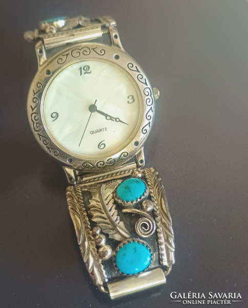 Retro Ezüst Karóra Türkíz Navajo Őslakos Amerikai 925 Sterling Siver Watch