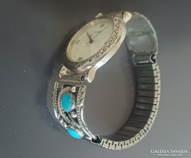 Retro Ezüst Karóra Türkíz Navajo Őslakos Amerikai 925 Sterling Siver Watch