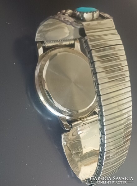 Retro Ezüst Karóra Türkíz Navajo Őslakos Amerikai 925 Sterling Siver Watch