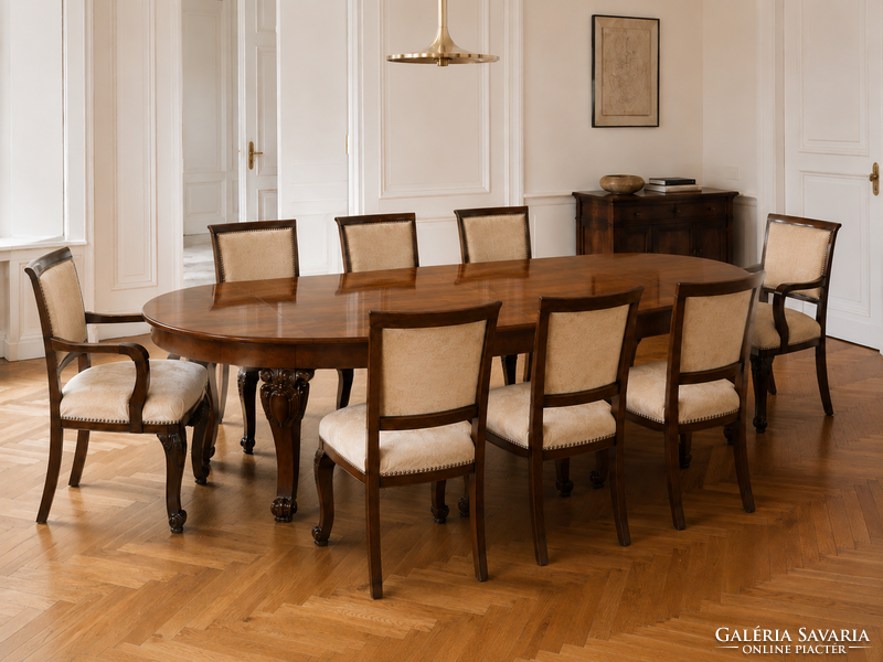 Prémium restaurált, bővíthető dió étkezőgarnitúra 8 székkel