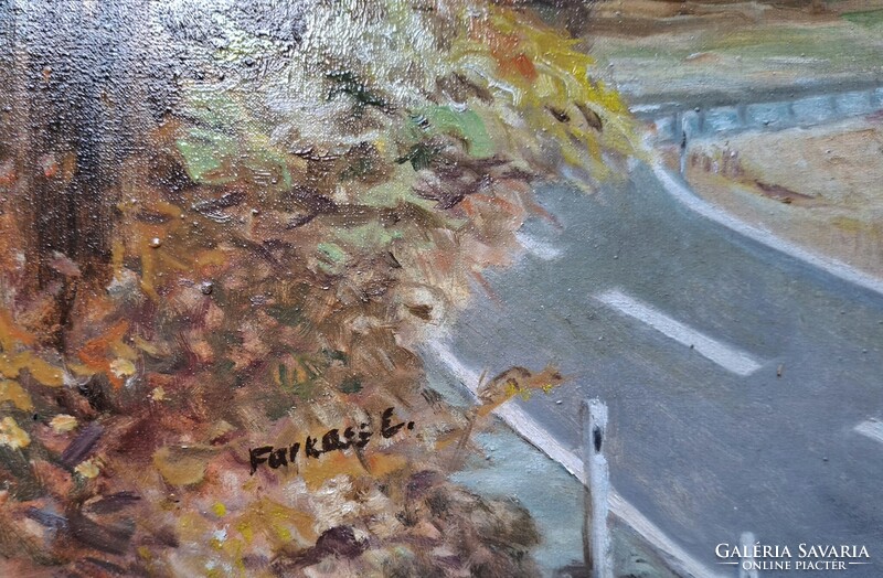 Farkas Lajos festő (1919-1998). Kacskaringós úton (Trabant kombival). Olaj/vászon,  50x70cm+keret.