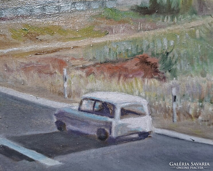 Farkas Lajos festő (1919-1998). Kacskaringós úton (Trabant kombival). Olaj/vászon,  50x70cm+keret.