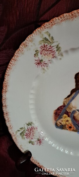 Antik dámás porcelán tányér, hölgy díszítésű falitányér pár (M6484)