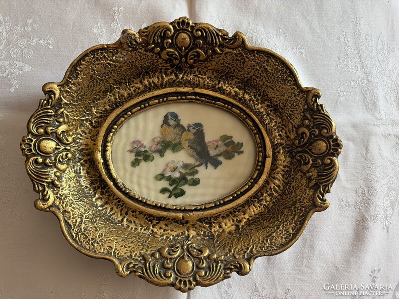 Very beautiful old needlepoint gobelin with birds on a blooming branch in an original oval wooden frame