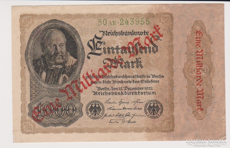 Német Birodalom 1000 márka 1922 felülbélyegzéssel  XF+  szinte hajtatlan ropogós bankjegy  /B2/