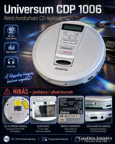 Universum CDP 1006 Discman (2000 körül) – hibás, nem kapcsol be, alkatrésznek