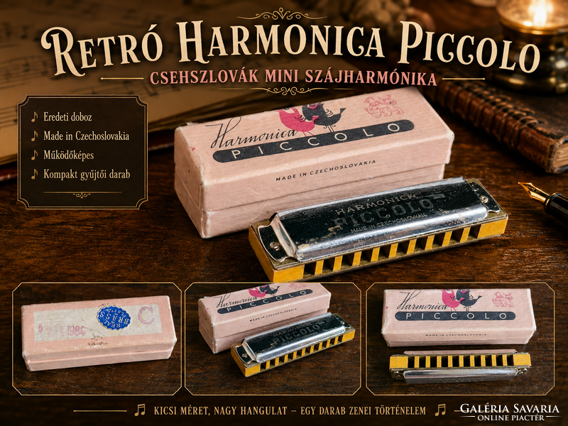 Retró Harmonica Piccolo csehszlovák mini szájharmónika, eredeti dobozban