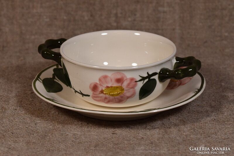 Villeroy&Boch Wild Rose kétfülű leveses csésze aljjal kézzel festett virágok Németország 1930-as éve