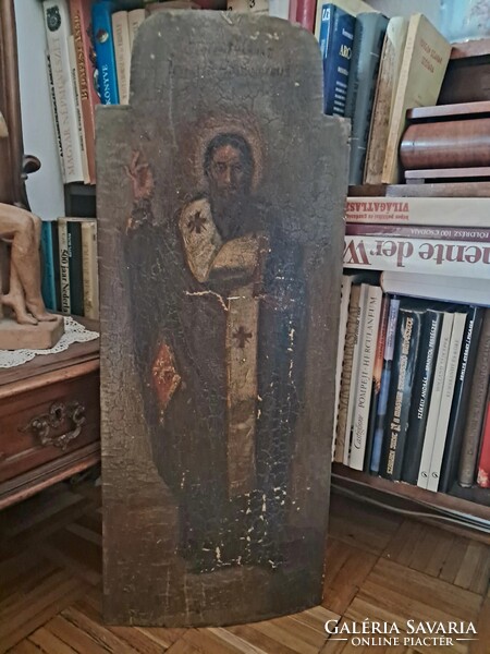 Nagy méretű Antik Ortodox Ikon fatáblán – Nagy Szent Bazil (80 x 40 cm, 19. sz.)