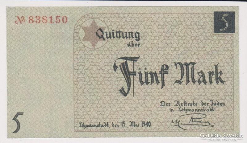 Lengyelország 5 Lódzi gettómárka 1940 UNC az eredetivel megegyező tökéletes másolata