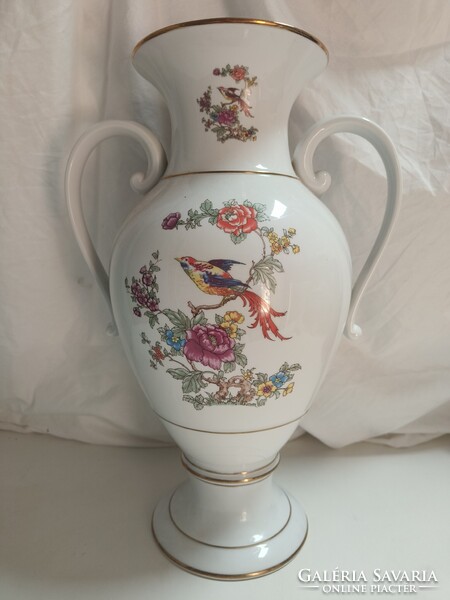 Óriási Hollóházi paradicsommadaras porcelán 2 fülű serleg váza - 41 cm