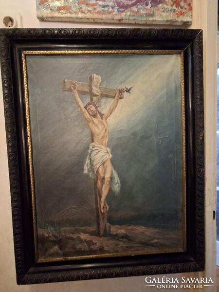1937-rare unique PÉTER ERDÉSZ (1906-): JESUS ON THE CROSS, 60x80 cm, original in ebony frame