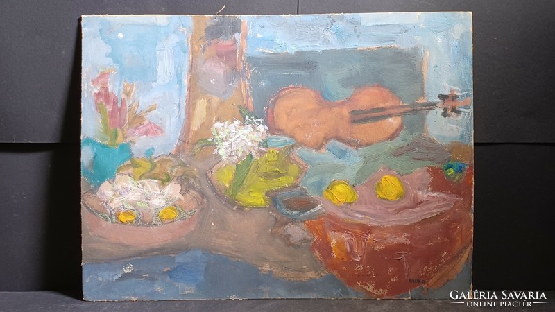 Hunter with sign: still life with guitar (oil painting)