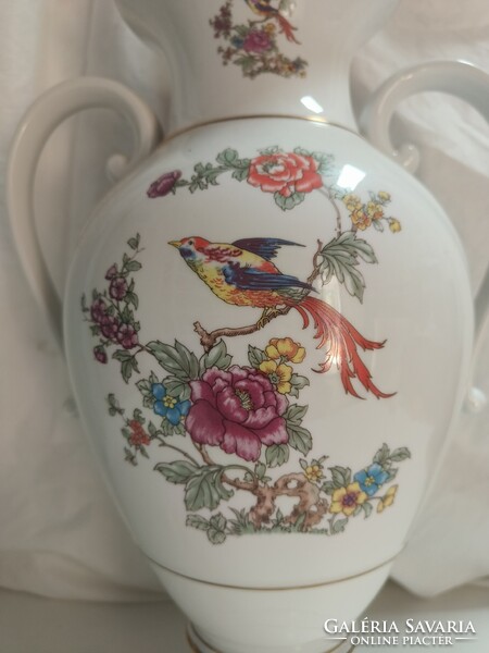 Óriási Hollóházi paradicsommadaras porcelán 2 fülű serleg váza - 41 cm