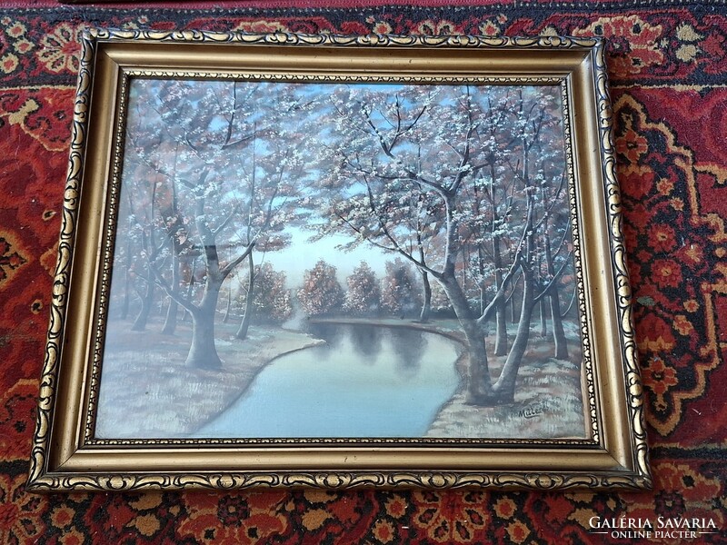 ANTIK SZIGNÁLT MILLE  o/k TÁJKÉP  fakeretben üveg alatt  59x49---50X40