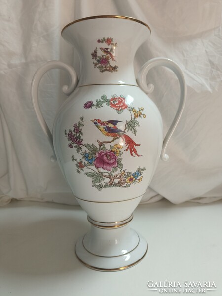 Óriási Hollóházi paradicsommadaras porcelán 2 fülű serleg váza - 41 cm
