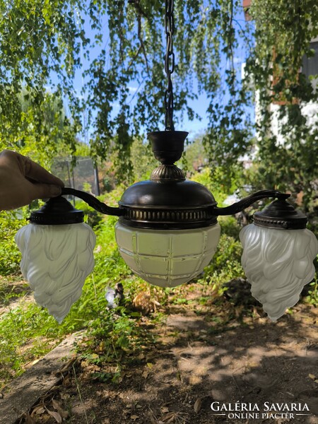 Antik szecessziós korú réz - bronz Ebédlő csillár hibátlan üveg és újra vezetékelve