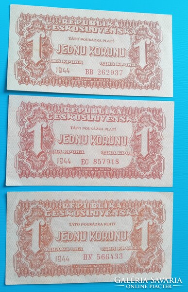 Csehszlovák 3x1 Korona Korun 1944 évi ,  2 UNC  , 1 aUNC