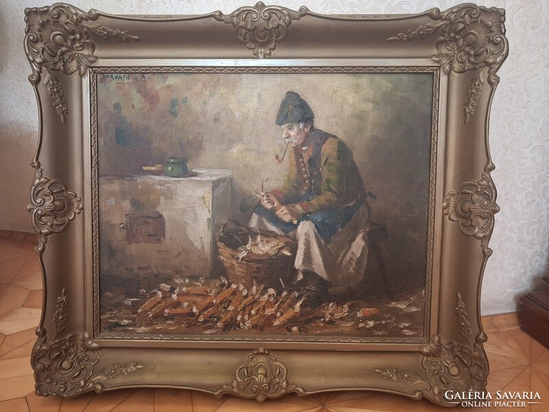 Hirváth G. Andor Kukorica morzsolás hibátlan olajfestmény, eredeti kertében, szignált, 64 x 54 cm