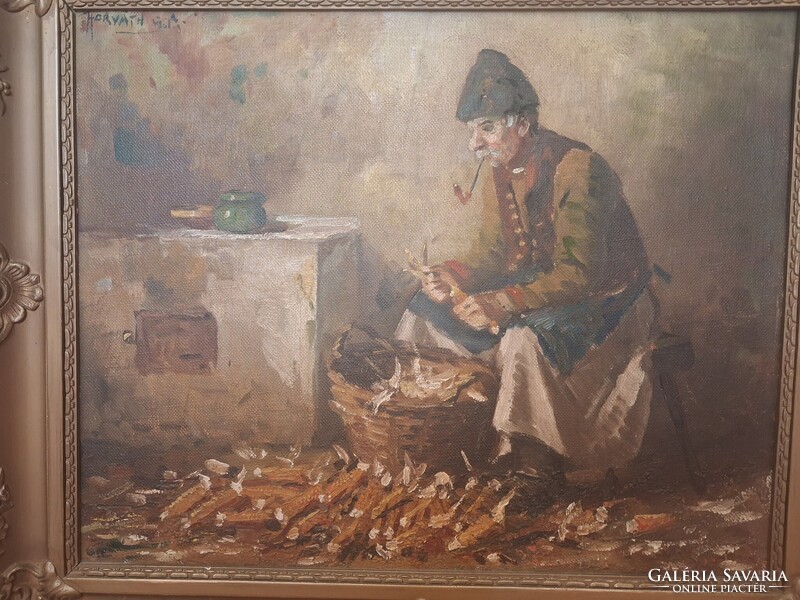 Hirváth G. Andor Kukorica morzsolás hibátlan olajfestmény, eredeti kertében, szignált, 64 x 54 cm