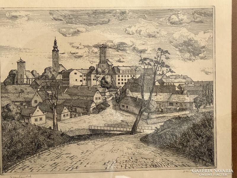 Deim Pál: Szentendre c. rézkarca, 45 x 35 cm