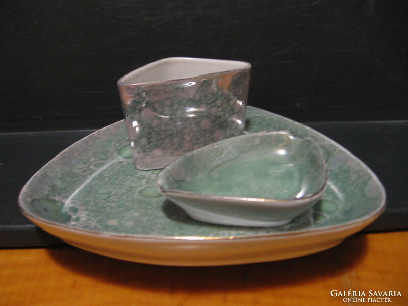Retro hollóházi porcelán zöld lüszteres dohányzó trió szett