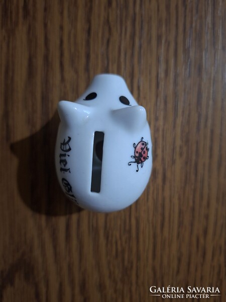 Porcelán aranyos szerencsehozó malacpersely 4 levelű lóherével, katicával. 5,7 cm. Hibátlan
