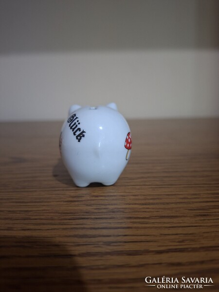 Porcelán aranyos szerencsehozó malacpersely 4 levelű lóherével, katicával. 5,7 cm. Hibátlan