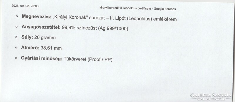 Királyi koronák 5 Korona II. Lipót eredeti certifikáció nincs meg.