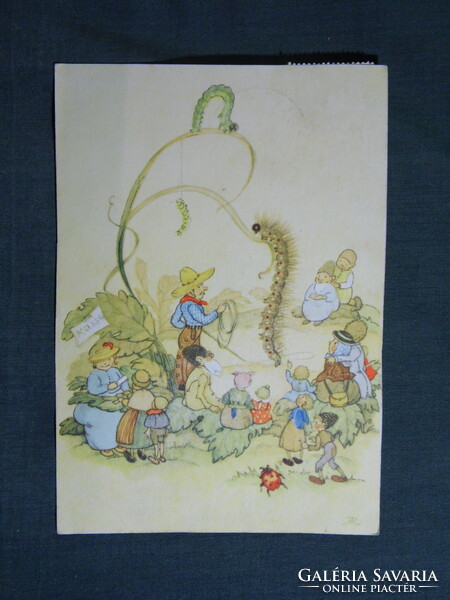 Képeslap,Anita Rahlwes grafika,művészet,emberek,gyerek modell,bogár,katica,hernyó,1960-