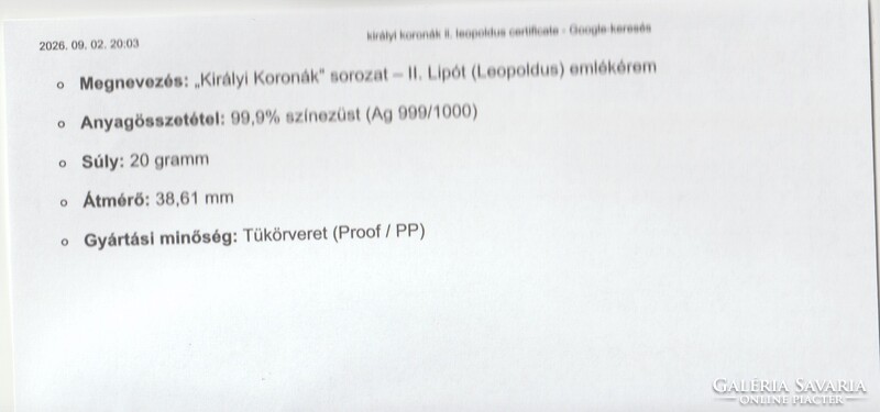 Királyi koronák 5 Korona II. Lipót eredeti certifikáció nincs meg.
