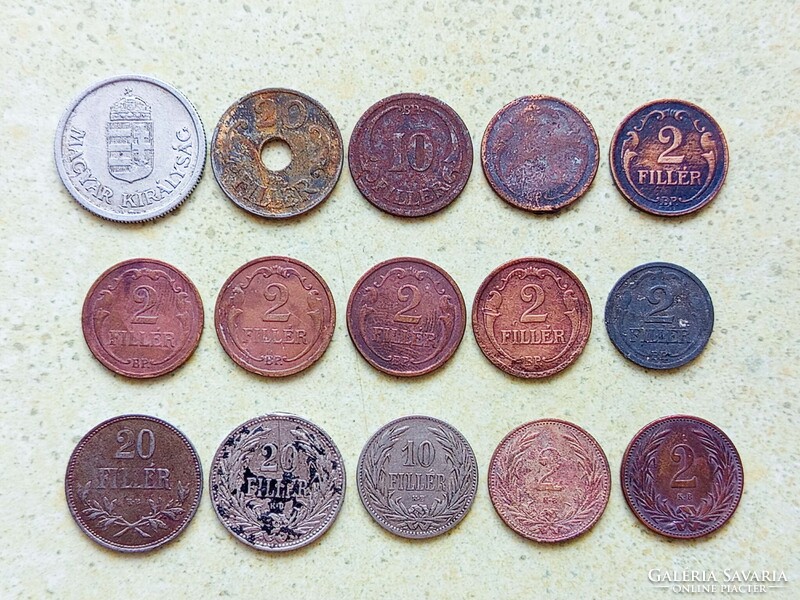 Magyarország 15 db Különböző Érme 2 10 20 Fillér 1 Pengő 1893-1944