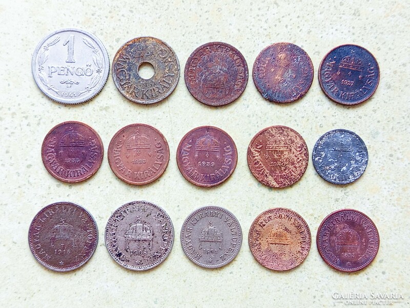 Magyarország 15 db Különböző Érme 2 10 20 Fillér 1 Pengő 1893-1944