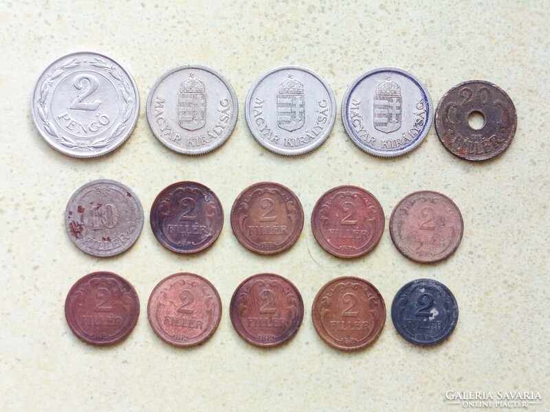 Magyarország 15 db Különböző Érme 2 10 20 Fillér 1 2 Pengő 1926-1944