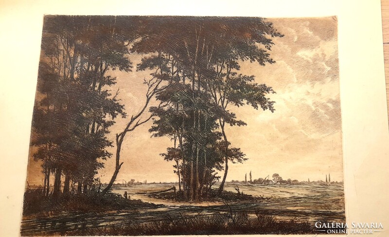 Paulovits Pál "Keresztútnál" színezett rézkarc