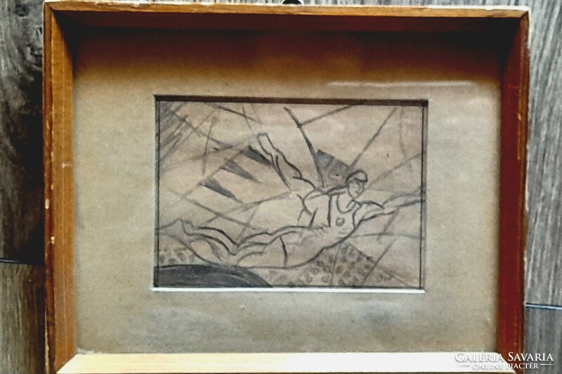 RARE!! BOR PÁL: AEROBAT CERAMIC DRAWING IN FRAME